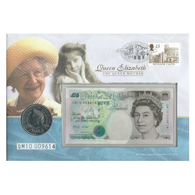 2000 £5 Note and Five Pound Coin - Queen Mother 100th